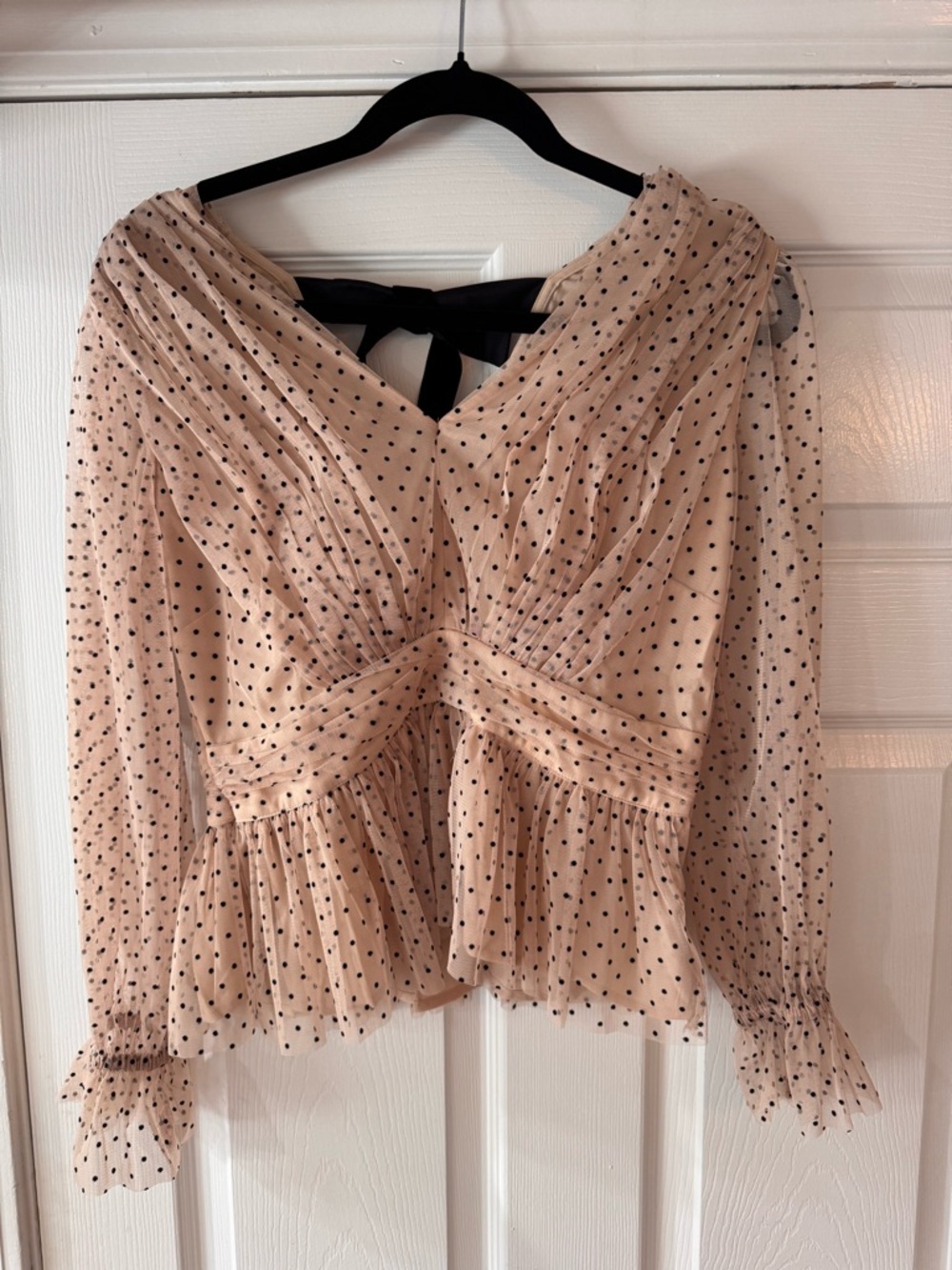 NWT LOFT Petite Velvet Dot Tulle Tie Back Peplum Blouse